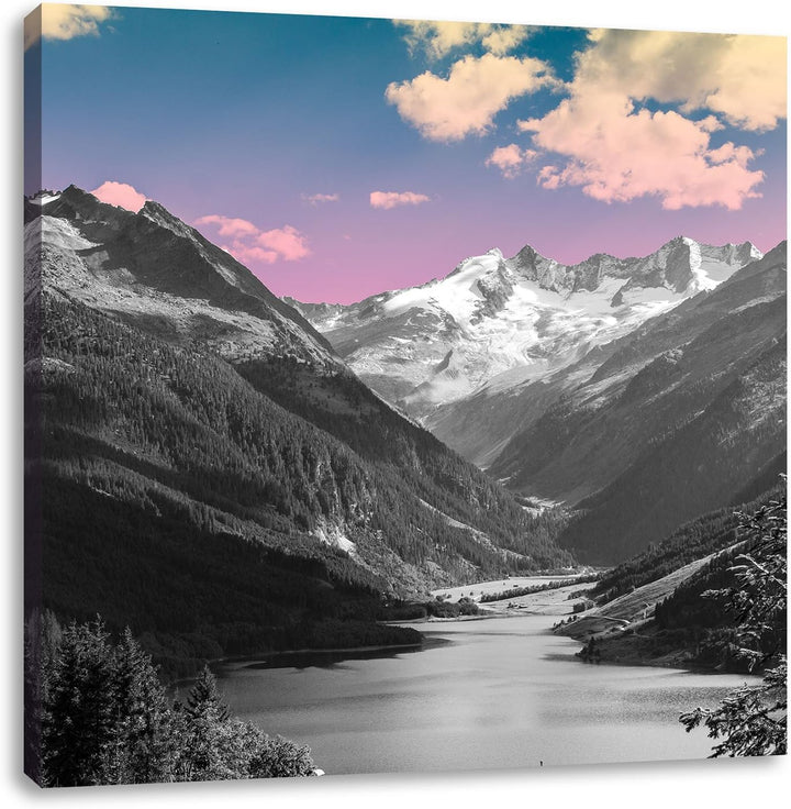 Pixxprint ruhiger See in Berglandschaft als Leinwandbild Quadratisch| Grösse: 70x70 | Wandbild| Kuns