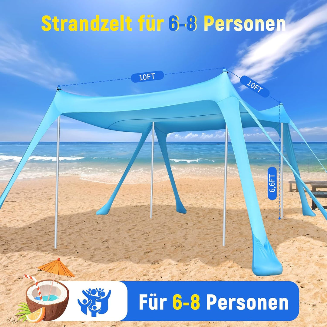 Purebox Strandzelt - Strand Sonnensegel mit UPF 50+, Einfacher Aufbau, mit 8 Sandsäcken, 10x10FT Son