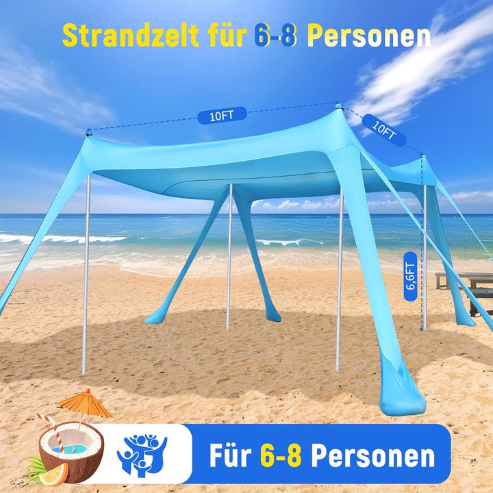 Purebox Strandzelt - Strand Sonnensegel mit UPF 50+, Einfacher Aufbau, mit 8 Sandsäcken, 10x10FT Son