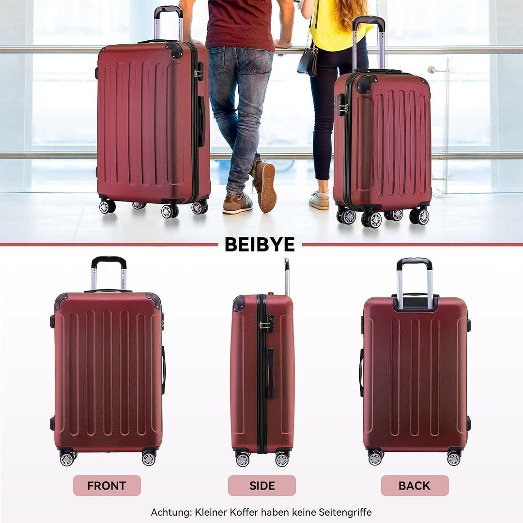 BEIBYE Hartschalen-Koffer Trolley Rollkoffer Reisekoffer Handgepäck 4 Rollen (M-L-XL-Set) (Weinrot,