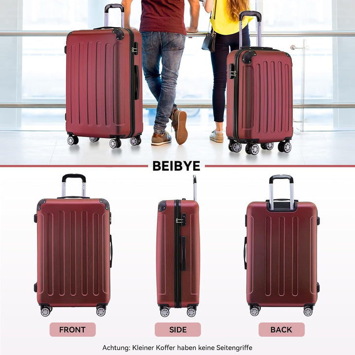BEIBYE Hartschalen-Koffer Trolley Rollkoffer Reisekoffer Handgepäck 4 Rollen (M-L-XL-Set) (Weinrot,