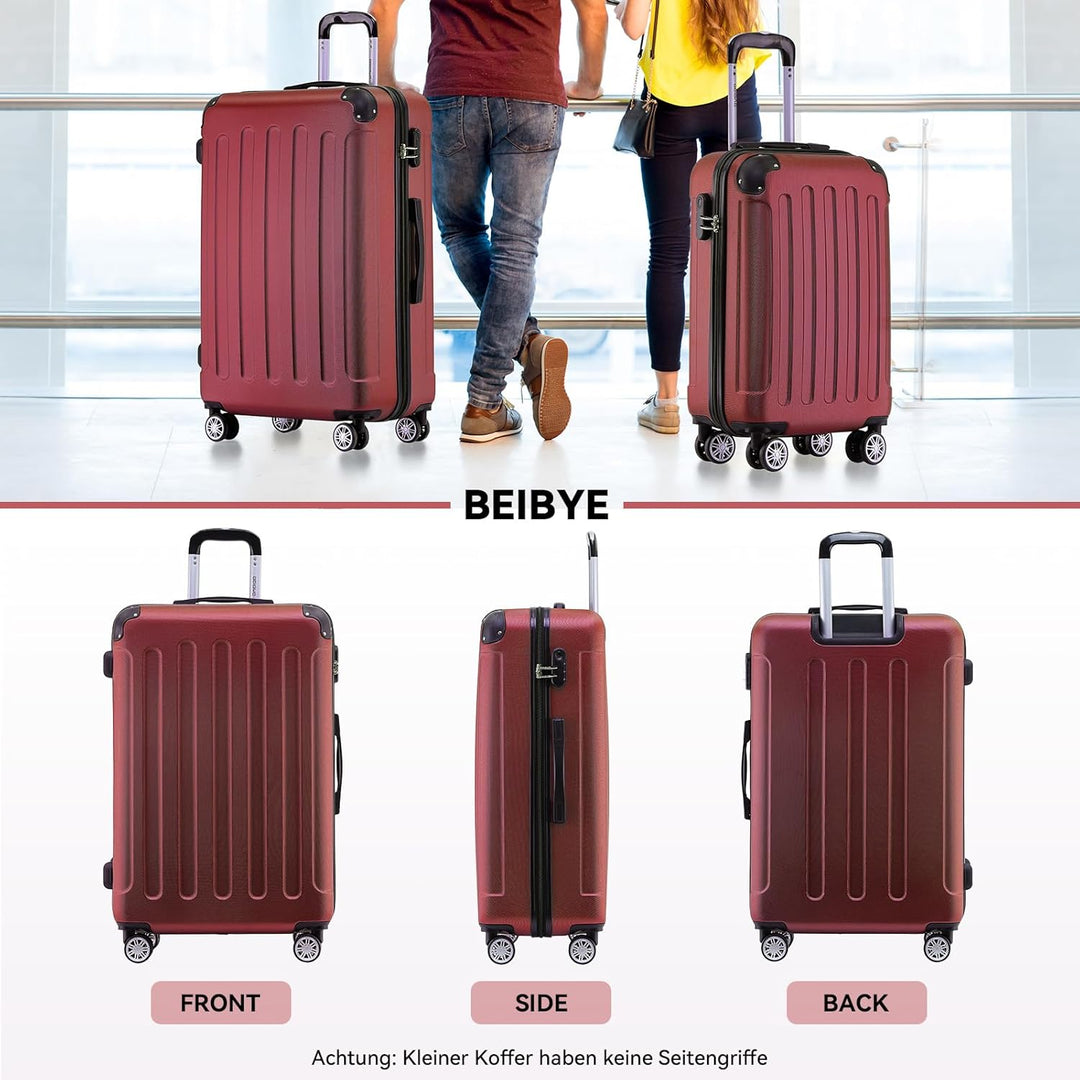 BEIBYE Hartschalen-Koffer Trolley Rollkoffer Reisekoffer Handgepäck 4 Rollen (M-L-XL-Set) (Weinrot,