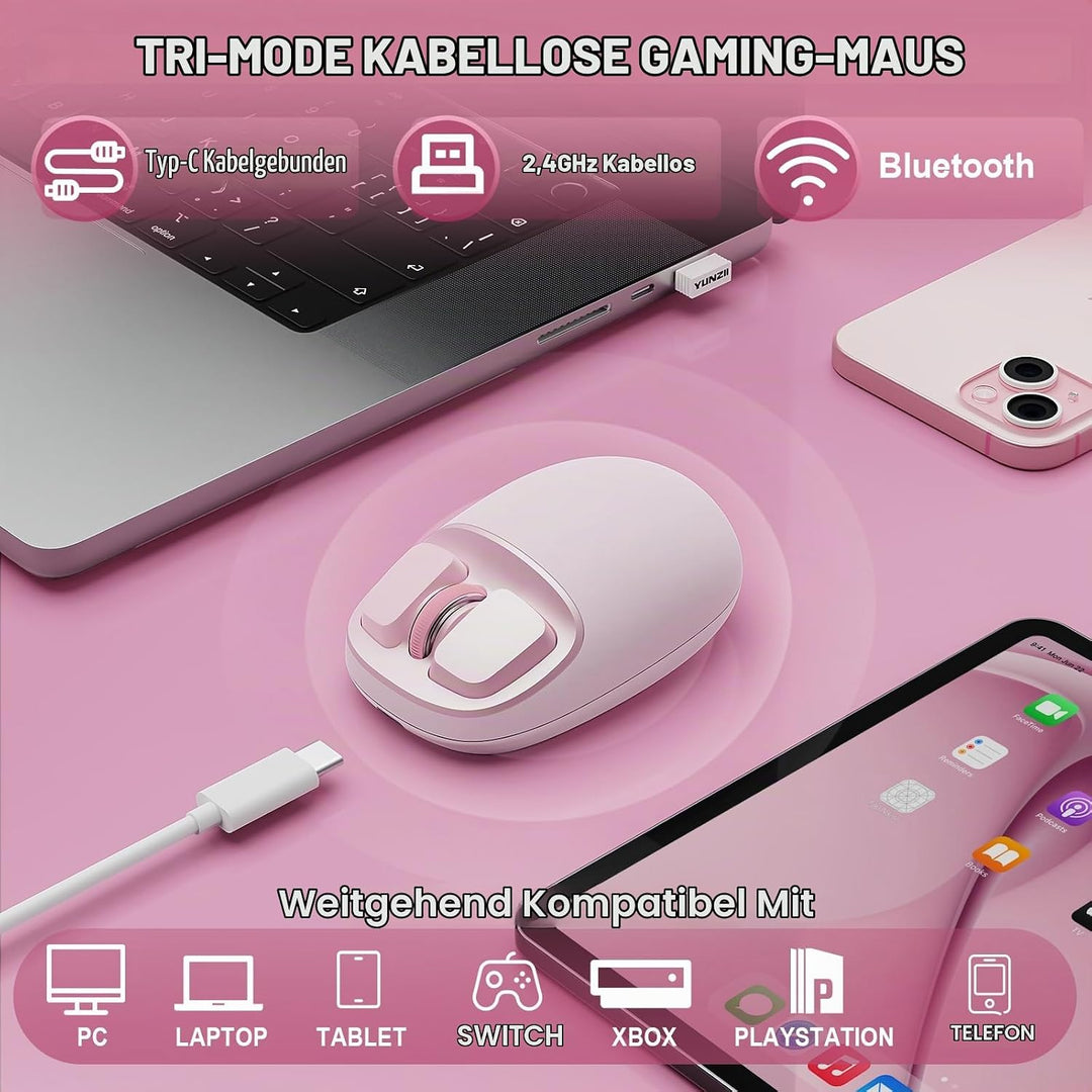 YUNZII C1 Silikon-Funkmaus,Tri-Mode 2,4 GHz/USB-C/Bluetooth Maus, 4800 DPI Optisches Abtastung, 6 Ve