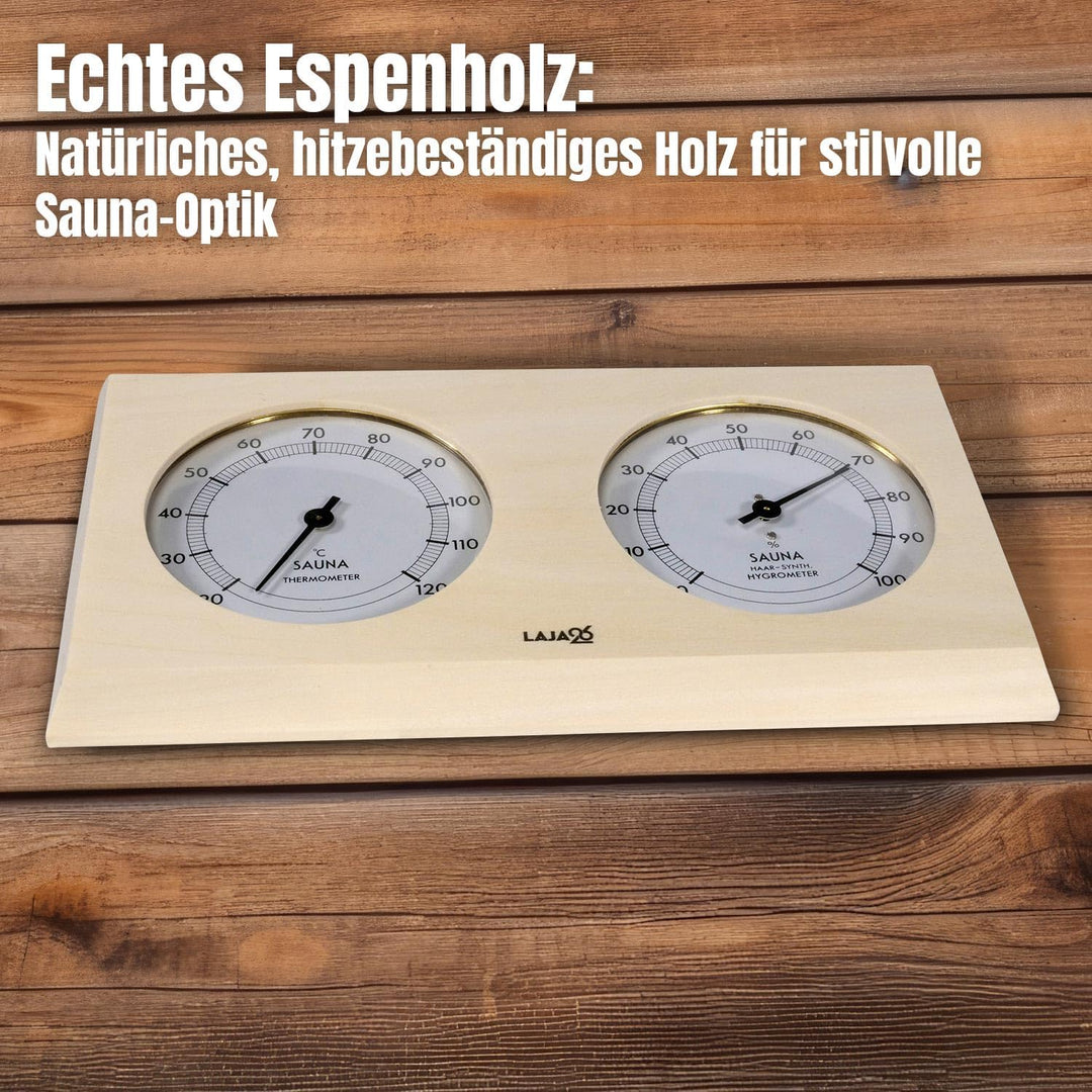 Sauna Thermo-Hygrometer - FSC Espenholz - Misst Temperatur & Luftfeuchtigkeit - Bimetalltechnik - Sy