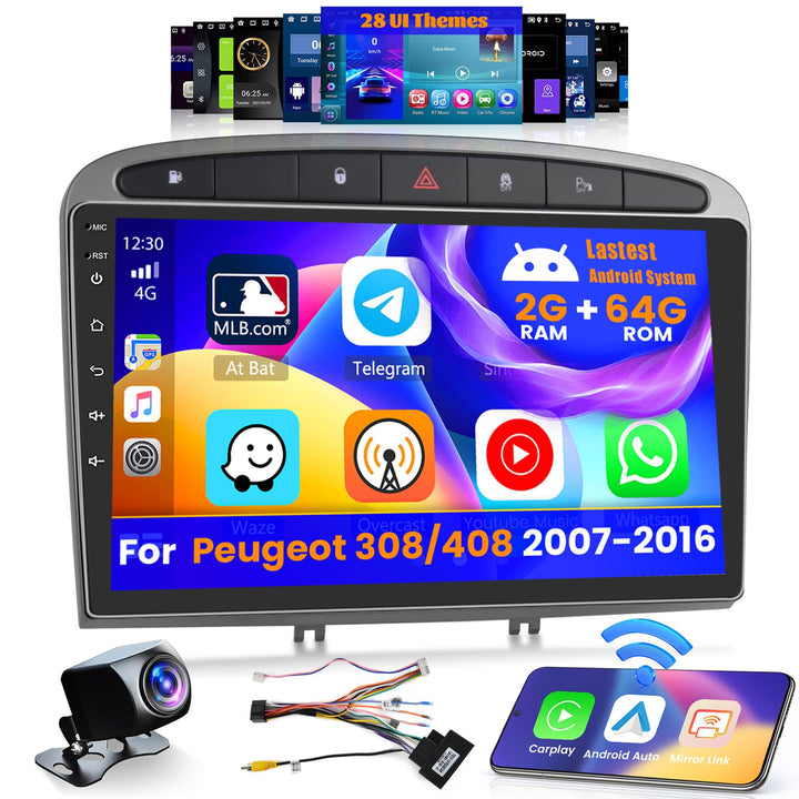Inefala 2 + 64G Android 15 CarPlay Radio für Peugeot 308/408 2007-2013, 9 Zoll Touchscreen mit Wirel