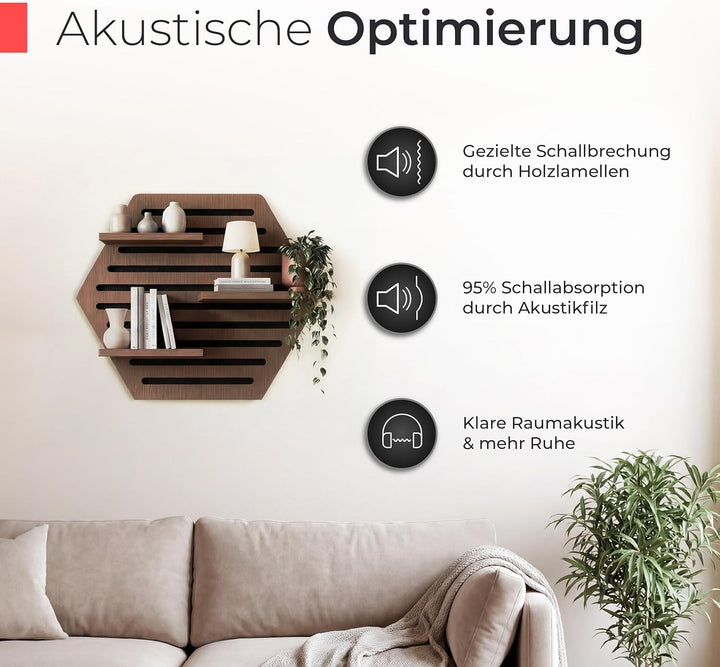Akustikpaneele Holz Wandregal – Echtholz Walnuss & Akustikfilz Schwarz | Hexagon 65x52cm – Regal & S