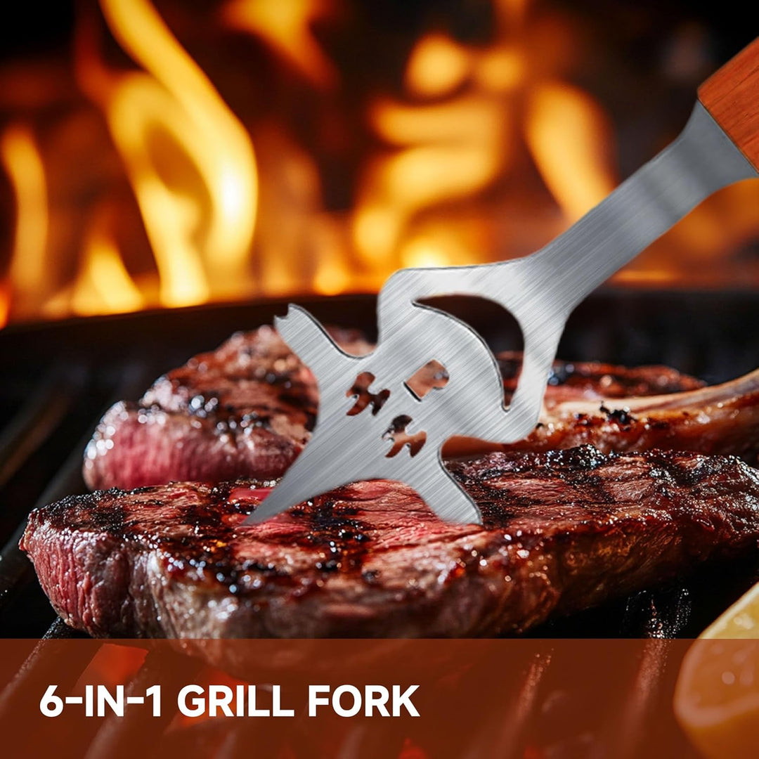 Grillbesteck Set 3-teilig aus Edelstahl mit Holzgriffen, Grillzubehör mit Grillwender, Grillzange un