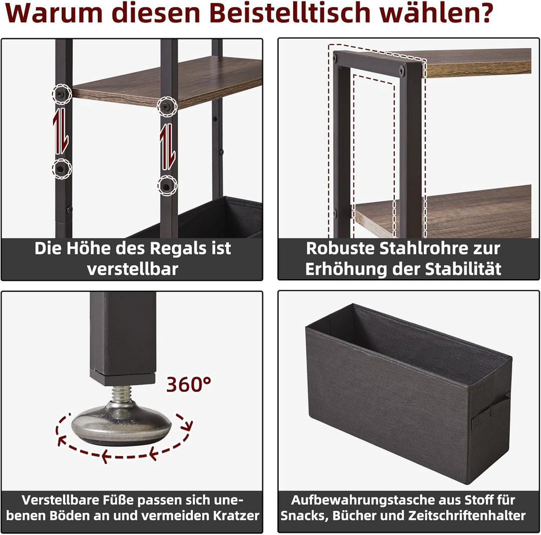 Beistelltisch mit Stauraum, 3-stufiger schmaler Couchtisch mit Stoffkorb, schmaler Nachttisch, Klein