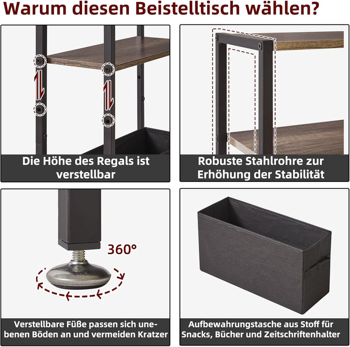 Beistelltisch mit Stauraum, 3-stufiger schmaler Couchtisch mit Stoffkorb, schmaler Nachttisch, Klein