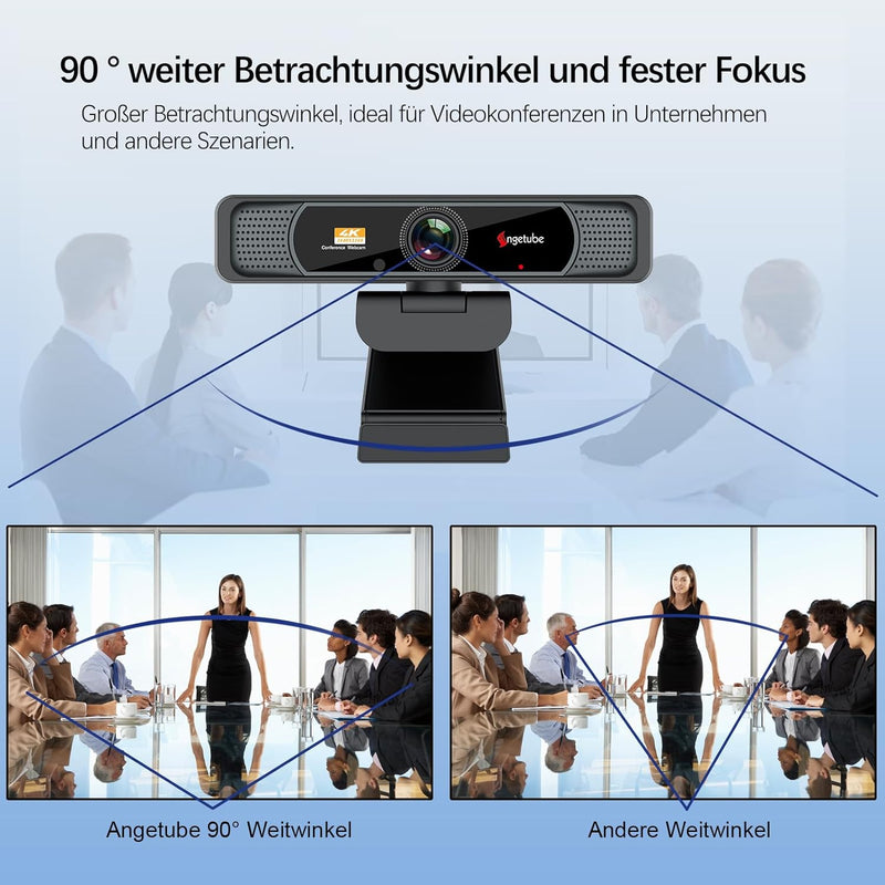 Angetube 4K Weitwinkel Webcam HD 8MP Sensor Webkamera mit Mikrofon USB-Kamera für PC-Mac-Konferenzen