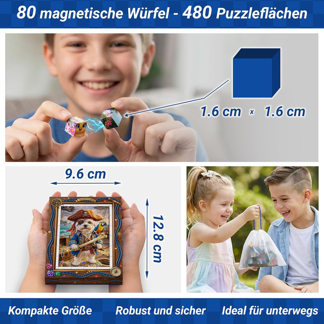 TOSY Picture Cube Action Dogs: 6-in-1 magnetisches Bilderpuzzle, 48 Blöcke, 288 Flächen/Magnete, 0,6