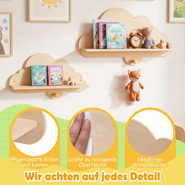 COSTWAY 2er Set Wandregal Kinder, Schweberegal im Wolkenform aus Massivholz, wandmontiertes Kinderre