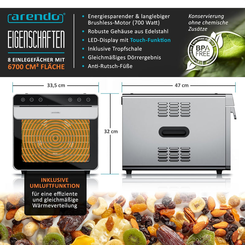 Arendo - Dörrautomat Edelstahl mit 8 Edelstahlgitter - 700 W - 35°-85°C - 8 Edelstahl Einlegetablett