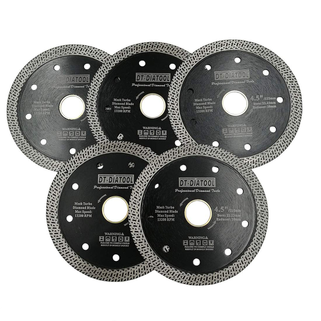 DT-DIATOOL Diamant Trennscheibe 5 Stücke 115 mm x 22,23 mm/20 mm Sägeblatt mit Mesh Turbo für Porzel