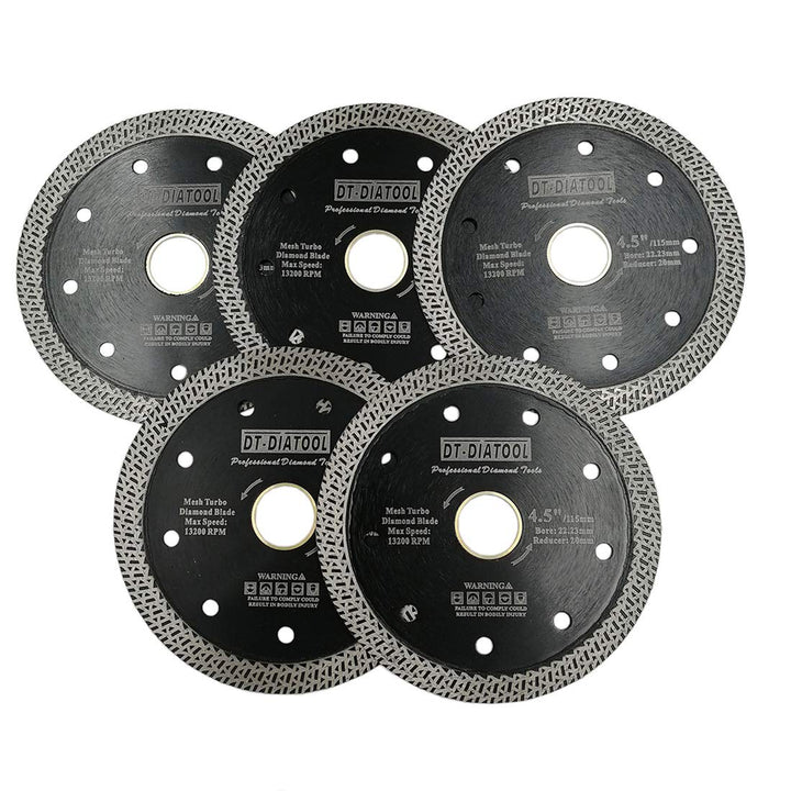 DT-DIATOOL Diamant Trennscheibe 5 Stücke 115 mm x 22,23 mm/20 mm Sägeblatt mit Mesh Turbo für Porzel