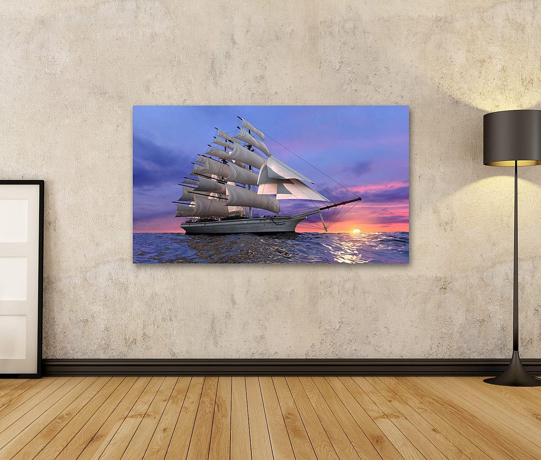 islandburner Bild auf Leinwand Segelschiff Auf Dem Hintergrund Der Untergehenden Sonne In Klaren Ruh