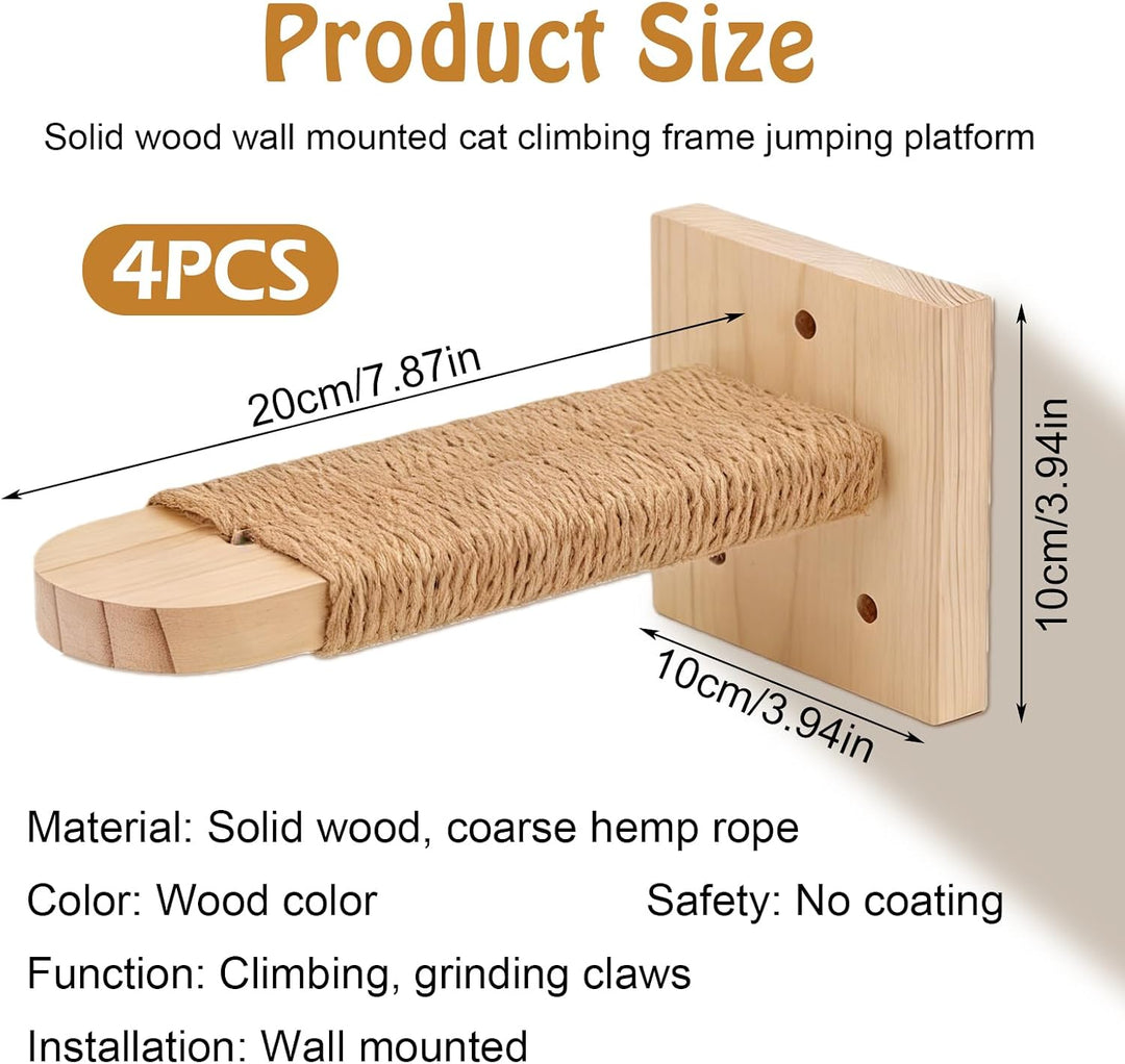 4er-Pack Katzentreppe Wand, Naturholz Kletterwand Katzen, Katzen Kletterwand Set, aus 2cm Massives G