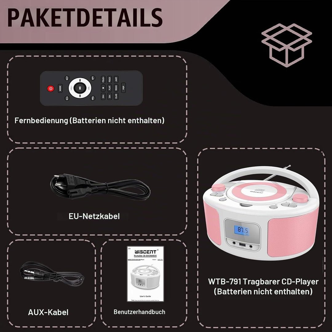 Tragbarer CD-Player Boombox mit Bluetooth | Fernsteuerung | FM-Radio | USB | MP3-Wiedergabe | Kompat