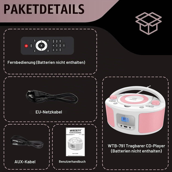 Tragbarer CD-Player Boombox mit Bluetooth | Fernsteuerung | FM-Radio | USB | MP3-Wiedergabe | Kompat