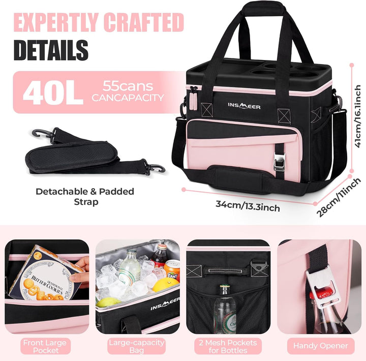 INSMEER Grosse Kühltasche für 40L/55 Dosen, Faltbar, mit Hart Deckel Rosa, Rosa