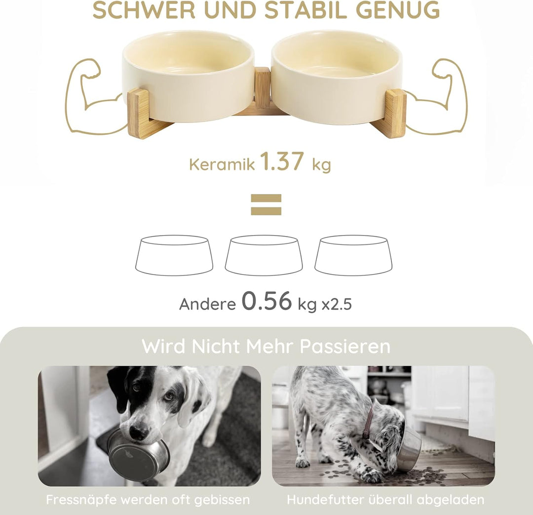SPUNKYJUNKY Keramik Doppel Futternapf mit Bambus Ständer für Katzen und Hunde (400ml, Beige) Beige D