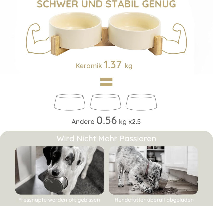 SPUNKYJUNKY Keramik Doppel Futternapf mit Bambus Ständer für Katzen und Hunde (400ml, Beige) Beige D