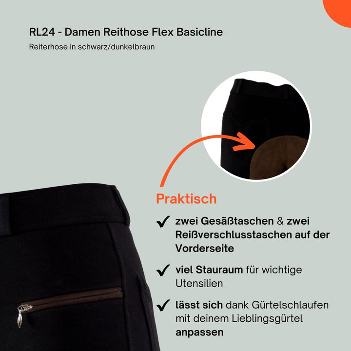 RL24 Damen Reithose Vollbesatz Flex BASICLINE 38 Schwarz/Dunkelbraun, 38 Schwarz/Dunkelbraun