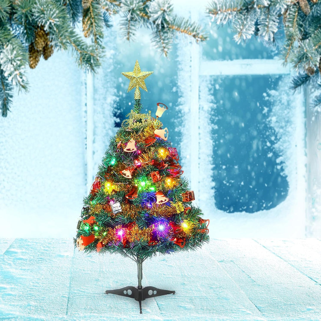 60cm Tisch-Weihnachtsbaum, Künstliche Mini Christmas Pine Tree mit LED-Lichterketten & Ornamenten
