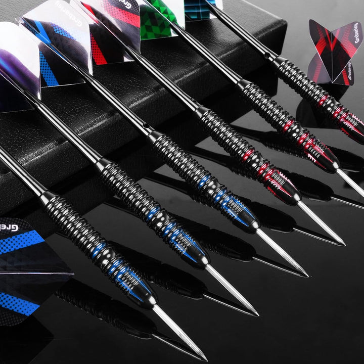 Grebarley Dartpfeile mit Metallspitze,12 Stück Profi Steeldarts 18 Aluminium Schaft mit 9 Flights 20