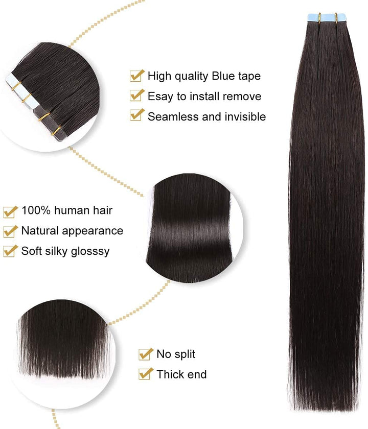 YILITE Tape Extensions Echthaar, Natürliches Schwarz 50cm 20 Stück 50g Tape in Extensions Echthaar I