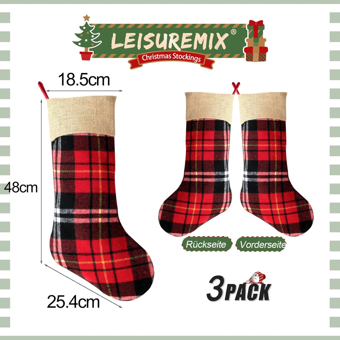 3 Stück Nikolausstrumpf mit Jute Cuff, Weihnachtssocken Kamin Weihnachtsbaum, 46cm gross Christmas S