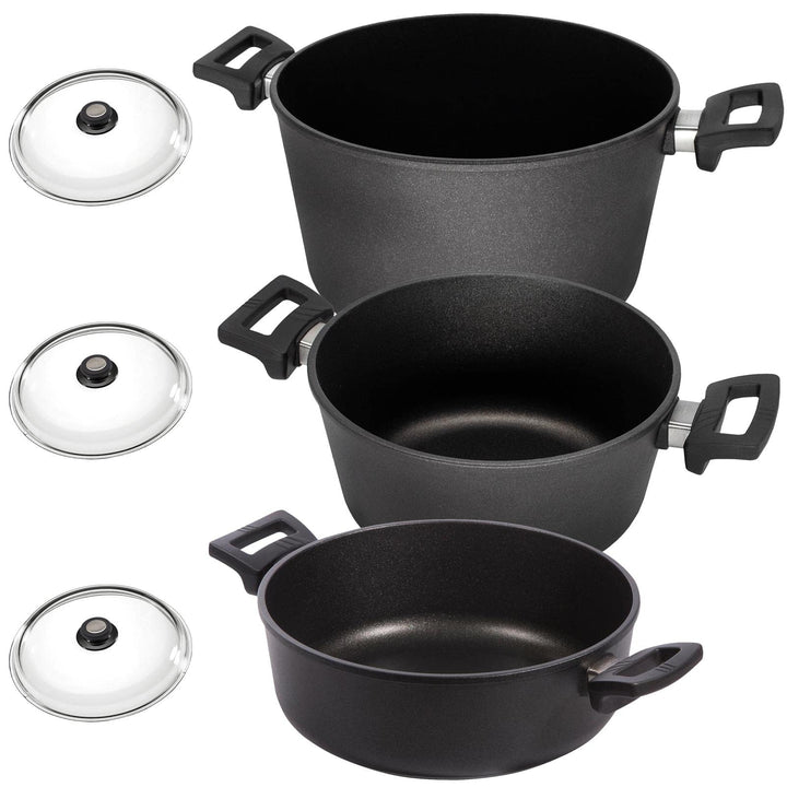 Eurolux Universal-Topfset Induktion Aluguss beschichtet 6-teilig - schwarze Koch-Töpfe Set & Deckel