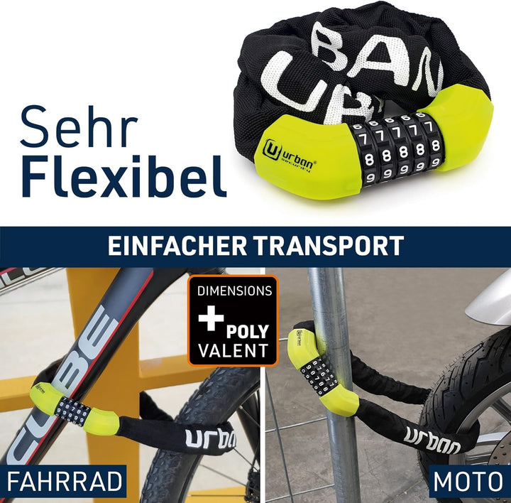 urban UR890 Fahrradschloss Ø8 100cm Stahlkette mit Kombination aus Sicherheitscode und Textilabdecku