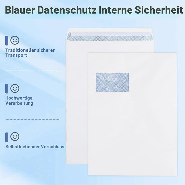50 Stück Briefumschlag C4 A4 weiss, mit Fenster, selbstklebend, mit Abziehstreifen, Chiffre-Struktur