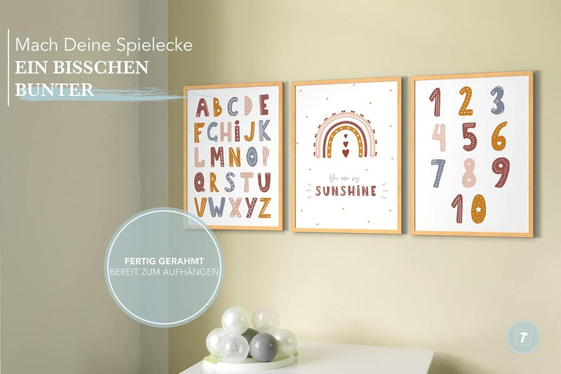 Papierschmiede® Kinderbilder 3er Set Lernposter, A4 gerahmt in Holzrahmen (Natur), Geschenk für Mädc