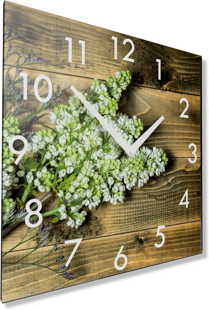 FLEXISTYLE Wanduhr küche Wohnzimmer 30 x 30 cm, aus Glas, mit Direktdruck eckig modern (Fliederbund)