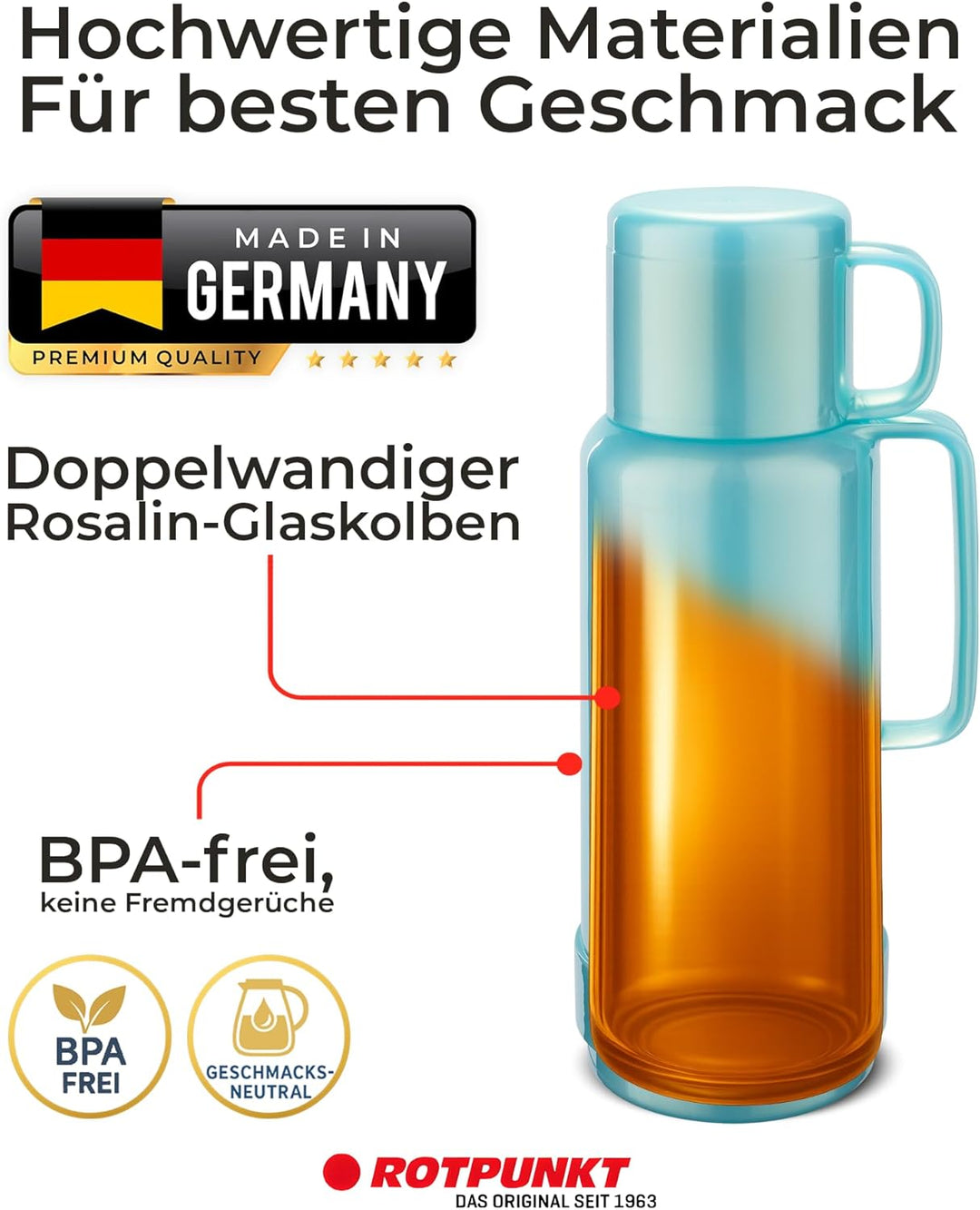 ROTPUNKT Isolierflasche 1 Liter mit integriertem Becher - Hochwertige Isolierkanne Made in Germany I