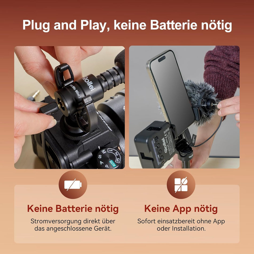 Rollei Hear:Me Mini 2 Richtmikrofon für Kamera und Handy Professionelle, Video Shotgun Externe Mic C