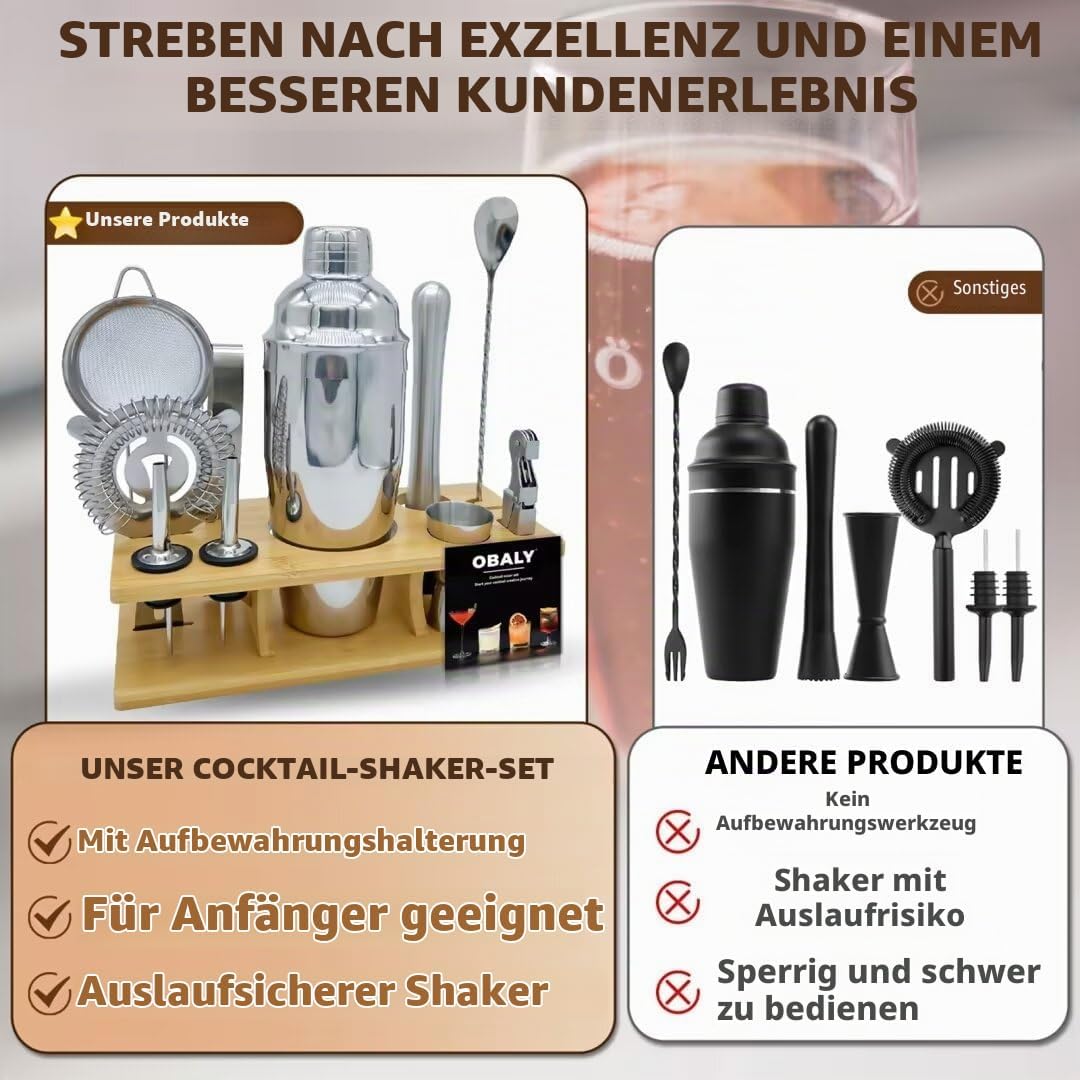 OBALY Bartender Kit 11-Piece Cocktail Shaker-Muddler for Cocktails 25oz Boston Shaker-Bar Accessorie
