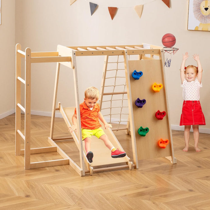 COSTWAY Klettergerüst Indoor, 6 in 1 Kletterleiter & Kletterstrick & Kletterfelsen & Rutsche & Affen