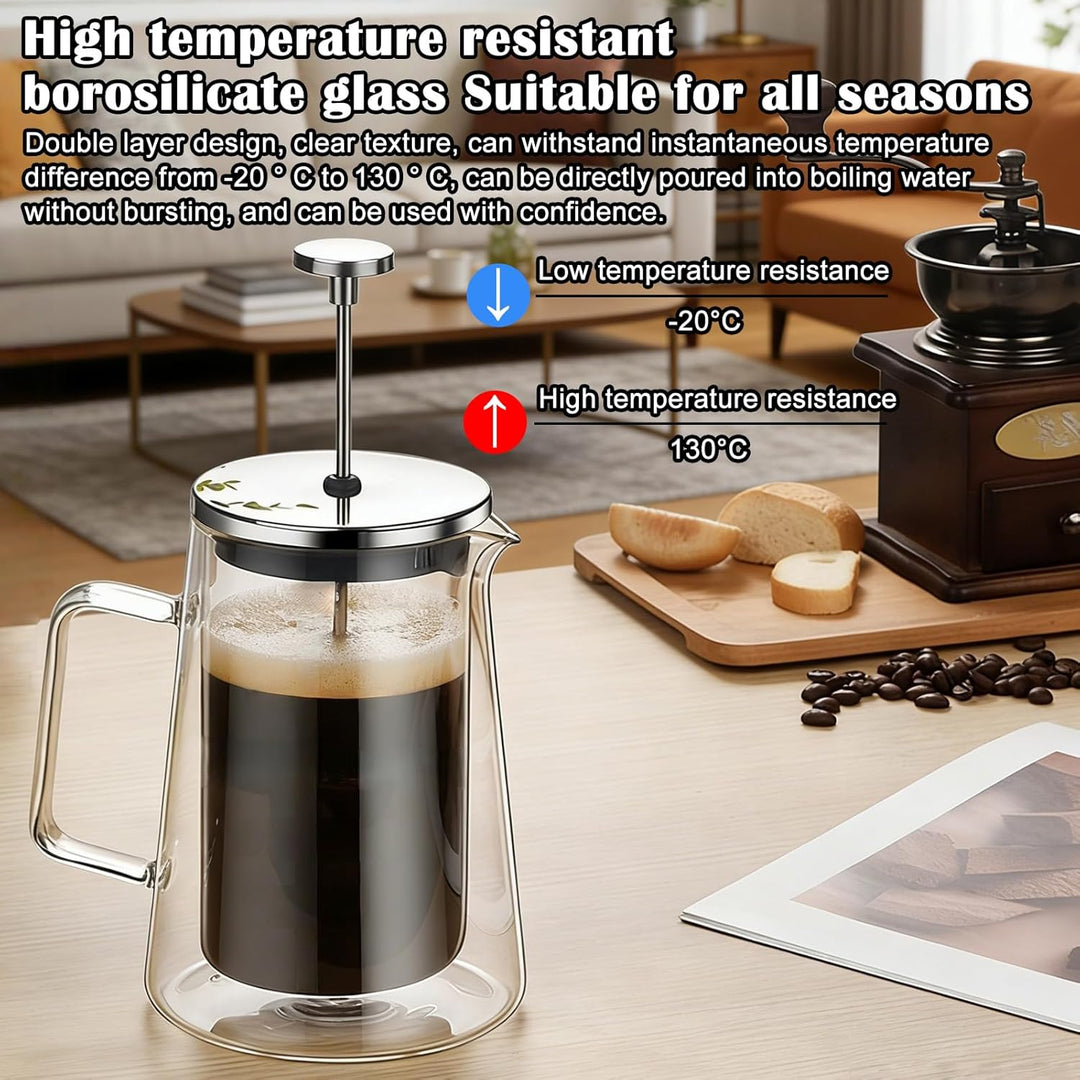 BORDEAG Kaffeebereiter Glas, 113 x 102 x 220mm French Press Edelstahl, French Press 1 Liter, Kaffeep