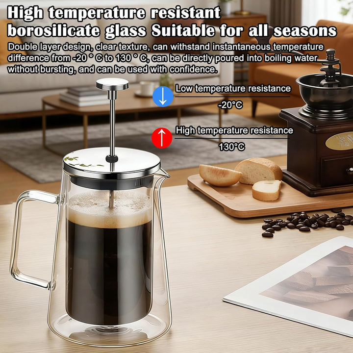 BORDEAG Kaffeebereiter Glas, 113 x 102 x 220mm French Press Edelstahl, French Press 1 Liter, Kaffeep
