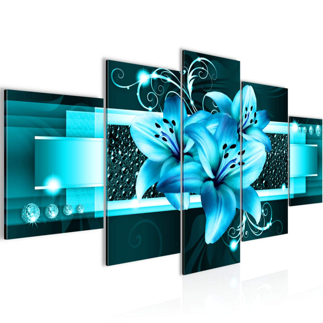 Runa Art Wandbilder Blumen Lilien 5 Teilig Bild auf Vlies Leinwand Deko Wohnzimmer Abstrakt Türkis 0