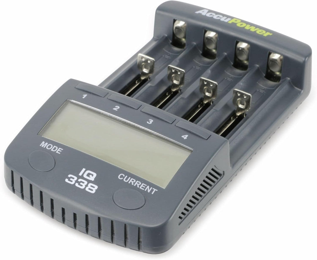 AccuPower IQ-338 IQ338 Rundzellen-Ladegeraet NiCd, NiMH, LiIon 10340, 10350, 10440, 10500, 12500, 12