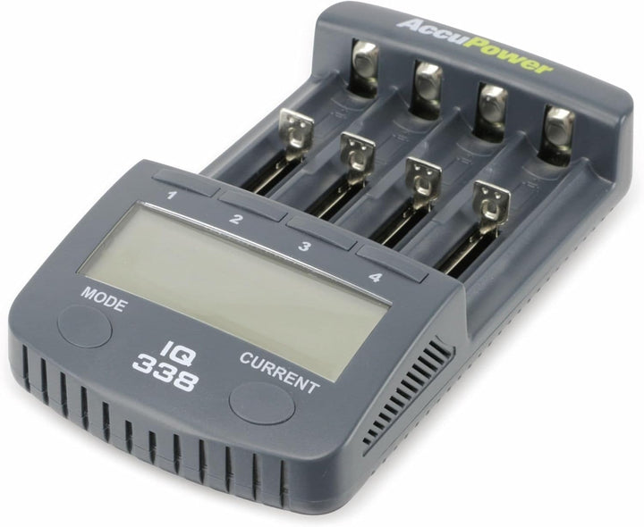 AccuPower IQ-338 IQ338 Rundzellen-Ladegeraet NiCd, NiMH, LiIon 10340, 10350, 10440, 10500, 12500, 12