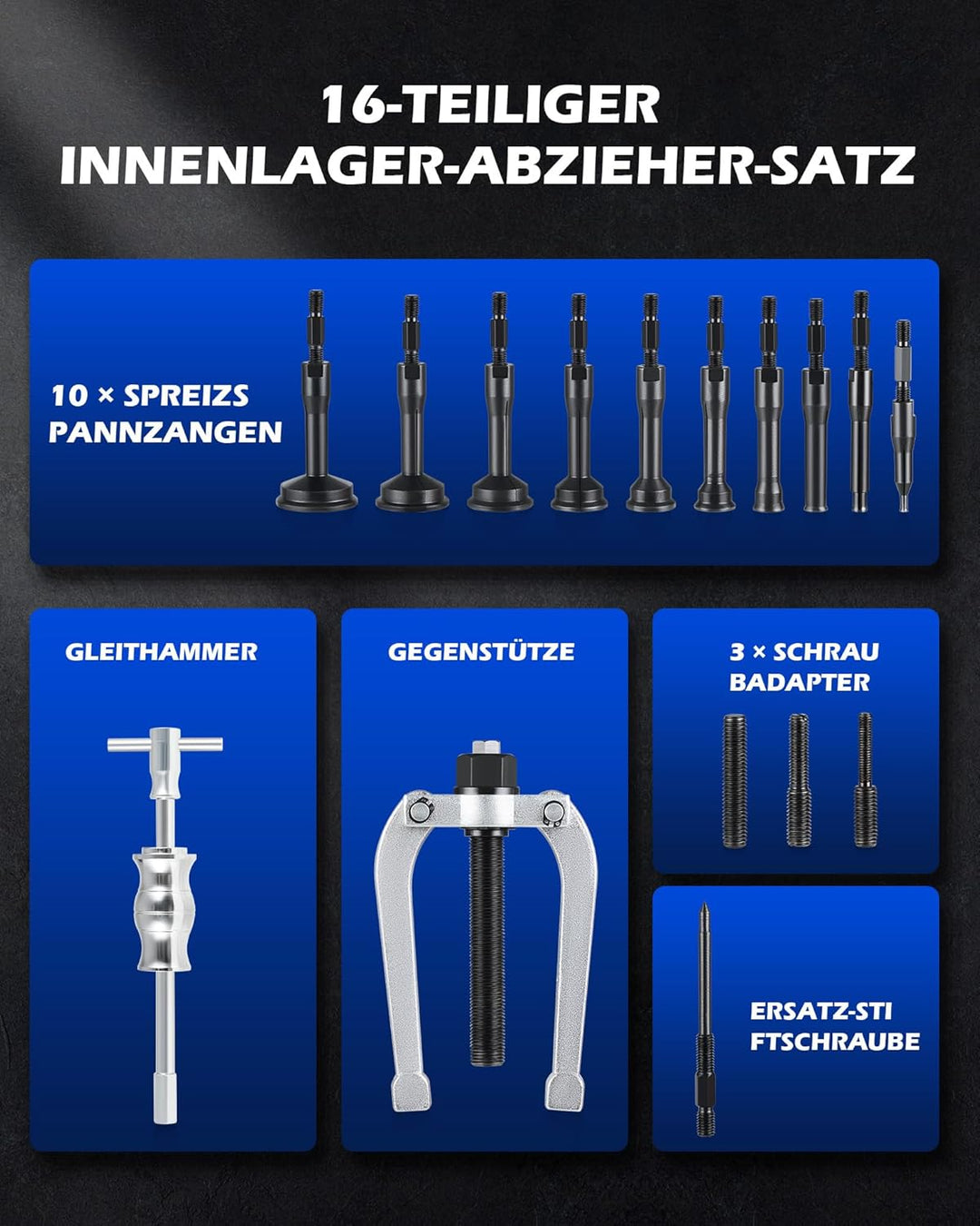 Orion Motor Tech Innenlager Abzieher Set 16-teilig, Lagerabzieher Innen mit Gleithammer und Abziehvo