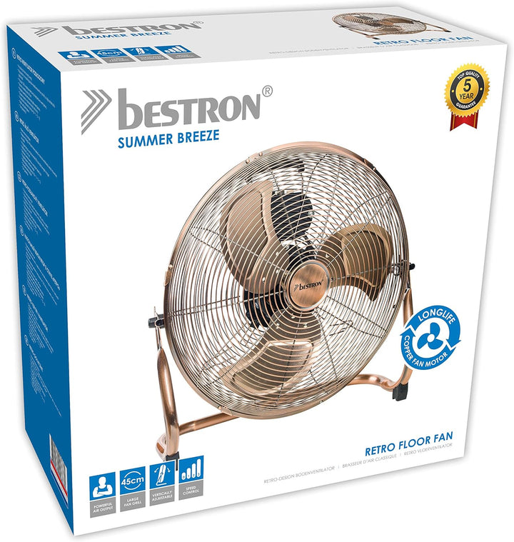 Bestron Bodenventilator im Retro-Stil, Windmaschine mit 3 Geschwindigkeitsstufen & stufenlos neigbar