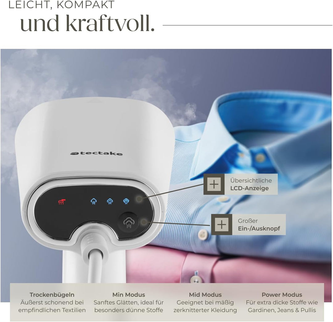 tectake® Dampfglätter, Steamer mit 4 Modi und Flaschenadapter für Reise, Hemden bügeln, Blusenbügler