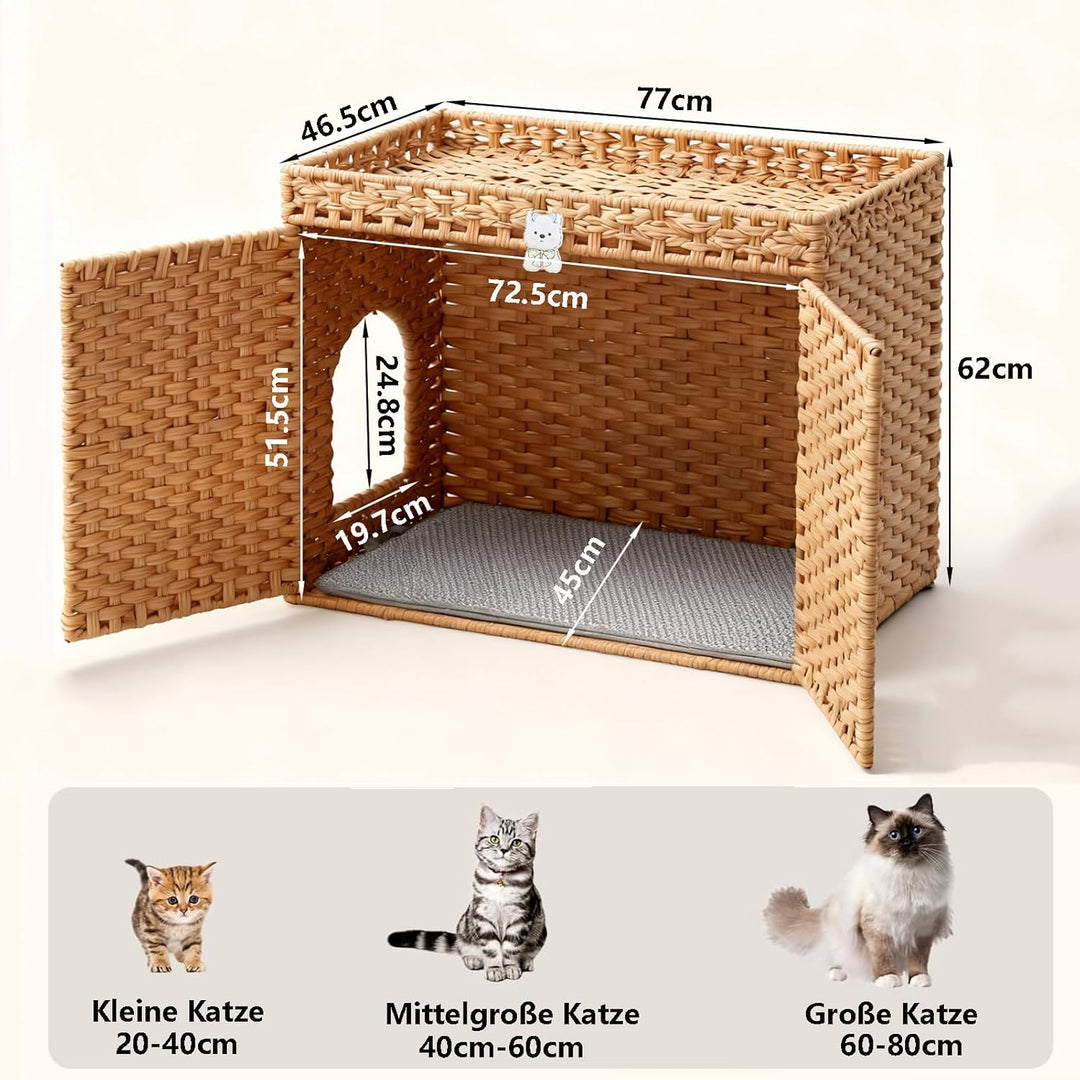 Katzenhaus Katzenschrank für Katzentoilette Versteckte Katzenklo-Möbel, Handgeflochtenes Rattan-Katz
