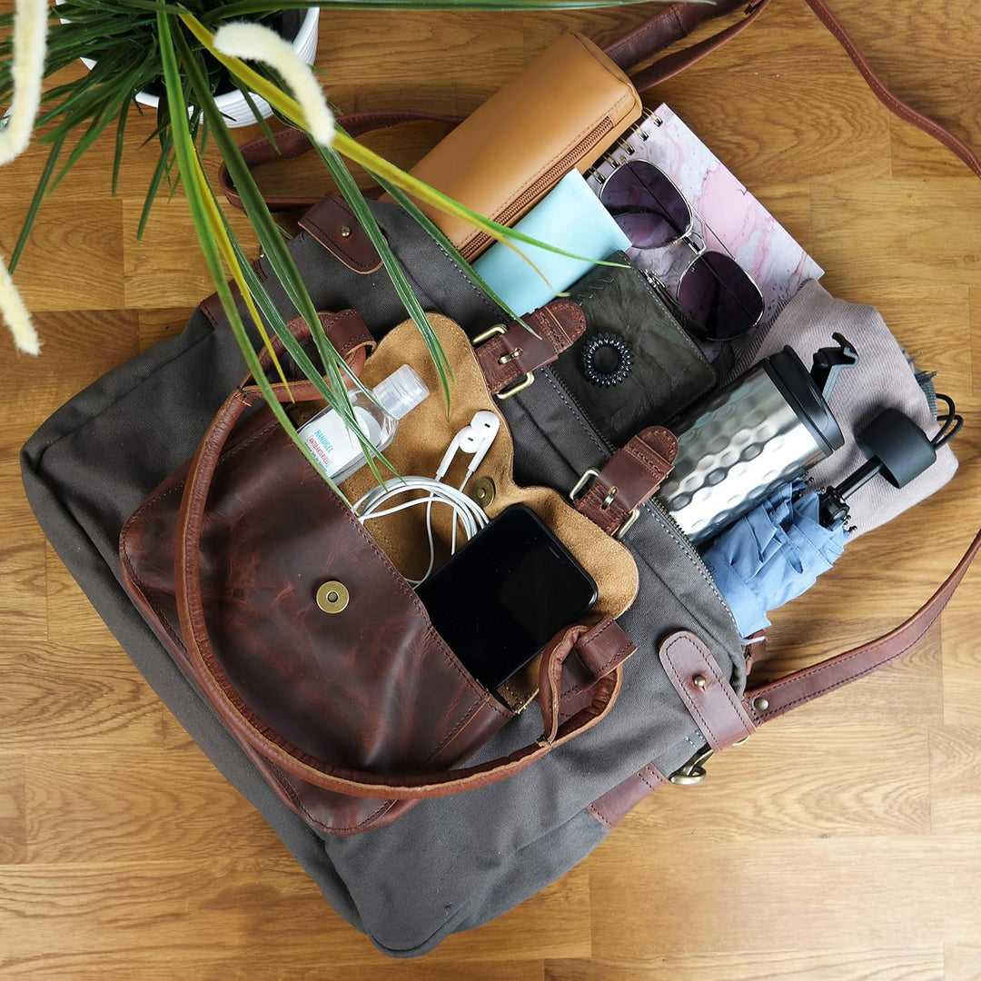 LECONI Henkeltasche Canvas + Echtleder Damentasche Retro-Look Handtasche Damen Vintage Schultertasch